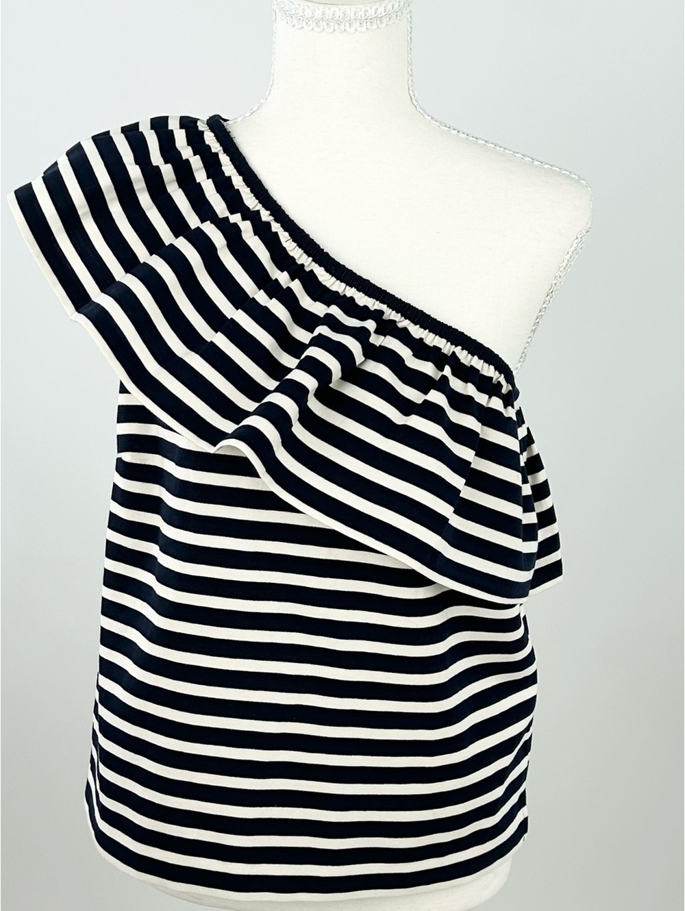 J.Crew One Shoulder Ruffle Top S Navy White Stripe Coastal Preppy